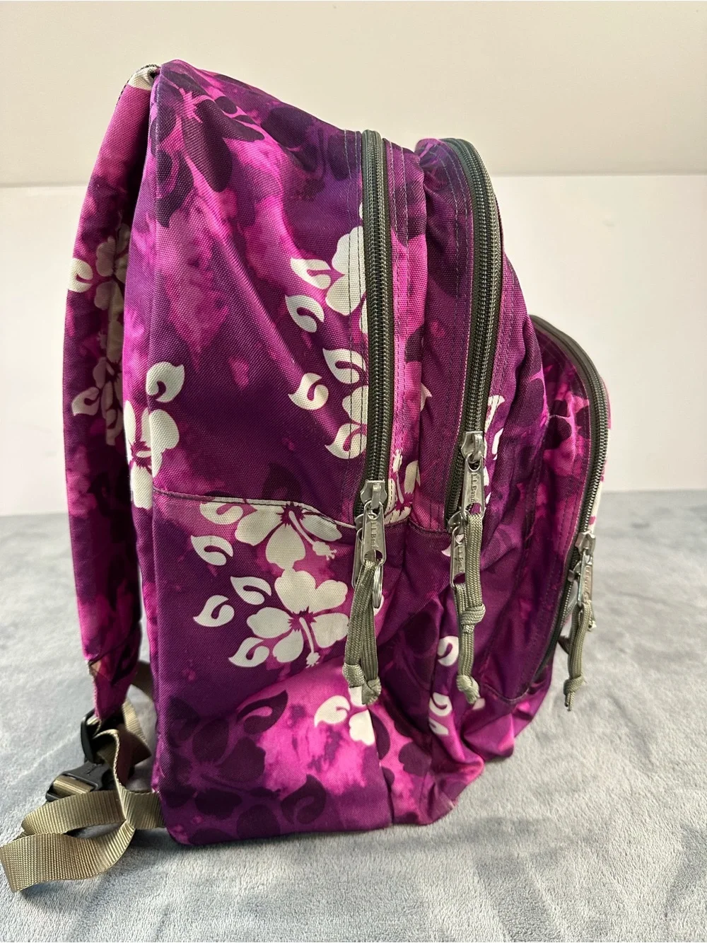 L.L. Bean Purple Floral Kids Backpack with White Flower Print